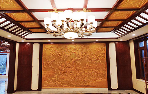 黄南中式别墅客厅中式木作横梁吊顶装饰展示